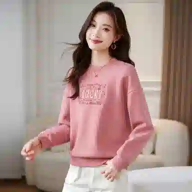 麓蔓蒂 圆领宽松纯色绣花卫衣 女款