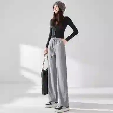 麓蔓蒂 纯色高腰抽绳直筒休闲裤 女款