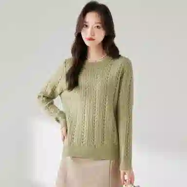 麓蔓蒂 纯色圆领提花长袖针织衫 女款