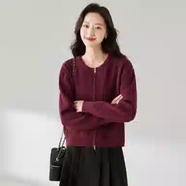 麓蔓蒂 拉链纯色短款长袖针织衫 女款