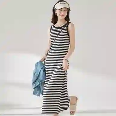 麓蔓蒂 条纹针织中长款背心吊带无袖连衣裙 女款