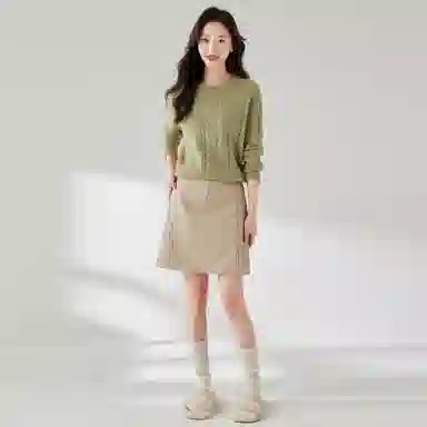 麓蔓蒂 纯色圆领提花长袖针织衫 女款