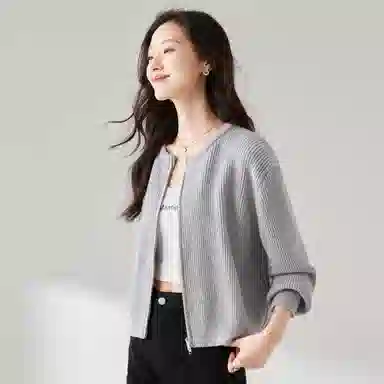 麓蔓蒂 拉链纯色短款长袖针织衫 女款