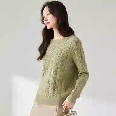 麓蔓蒂 纯色圆领提花长袖针织衫 女款