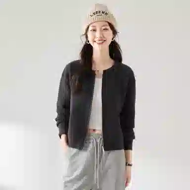 麓蔓蒂 拉链纯色短款长袖针织衫 女款