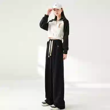 麓蔓蒂 运动松紧抽绳阔腿休闲裤 女款 黑色