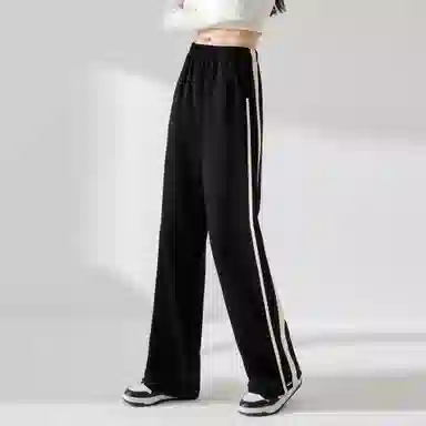 麓蔓蒂 条纹运动松紧阔腿休闲裤 女款 黑色