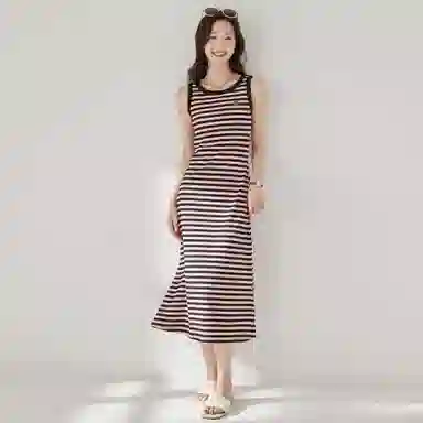 麓蔓蒂 条纹针织中长款背心吊带无袖连衣裙 女款