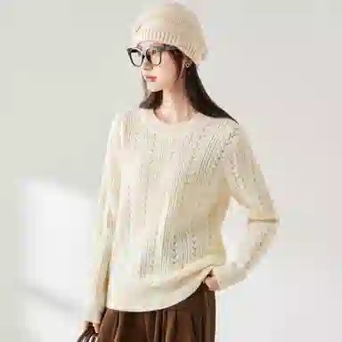 麓蔓蒂 纯色圆领提花长袖针织衫 女款