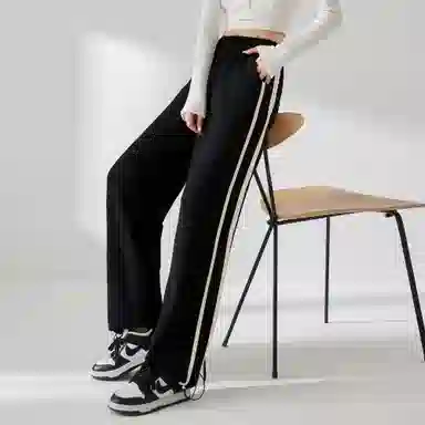 麓蔓蒂 条纹运动松紧阔腿休闲裤 女款 黑色