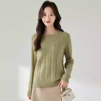 麓蔓蒂 纯色圆领提花长袖针织衫 女款