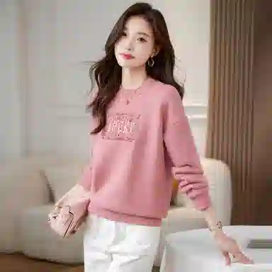 麓蔓蒂 圆领宽松纯色绣花卫衣 女款