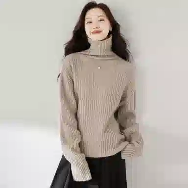 麓蔓蒂 宽松高领纯色长袖针织衫 女款