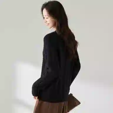 麓蔓蒂 纯色圆领提花长袖针织衫 女款