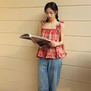 玉儿恋 格子套头方领薄款系带吊带 女款 红色