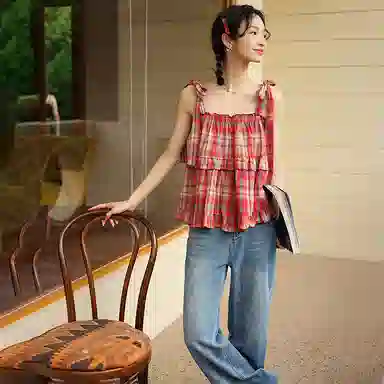 玉儿恋 格子套头方领薄款系带吊带 女款 红色