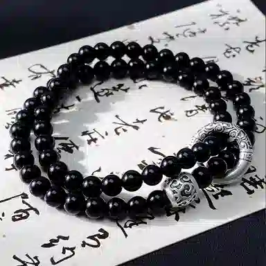 百利金 双圈祥云 平安纳福吉祥顺遂国潮复古新中式精致轻奢经典百搭小众设计平安扣转运珠手饰 黑曜石 手串 男女同款情侣款