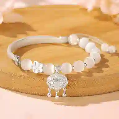 百利金 桃花平安锁半镯 国潮复古新中式平安转运吉祥招桃花精致轻奢优雅气质小众设计可调节转运珠手饰#好运 琉璃 手链 男女同款情侣款