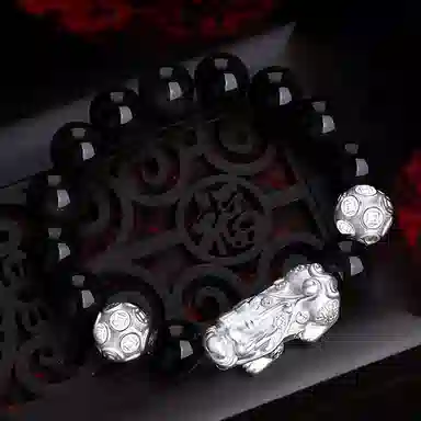 百利金 貔貅金钱珠 招财纳福吉祥顺遂国潮新中式简约精致经典百搭小众设计霸气吞金兽可调节转运珠手饰 黑曜石 手串 男女同款情侣款