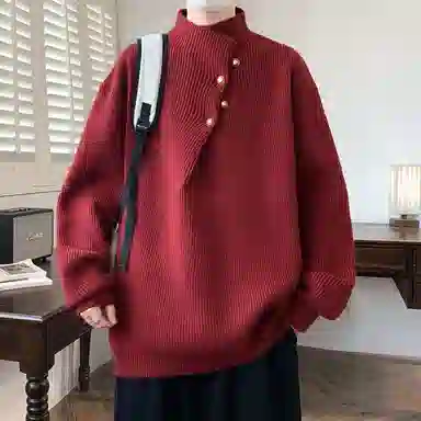 半空山 纯色简约不规则纽扣领口设计学院风潮流宽松软糯舒适亲肤透气百搭休闲日常通勤老钱高质感针织衫 男女同款