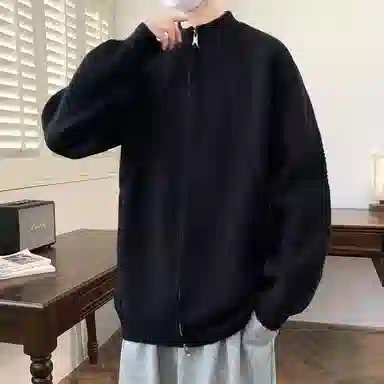 半空山 纯色简约基础款立体分割线设计感开衫外套宽松百搭柔软舒适亲肤不扎肉重磅高质感立领针织衫 男女同款