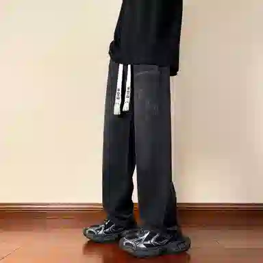 半空山 美式高街复古水洗做旧松紧腰品牌汉字系带刺绣系列宽松百搭舒适透气垂感直筒休闲牛仔裤 男女同款