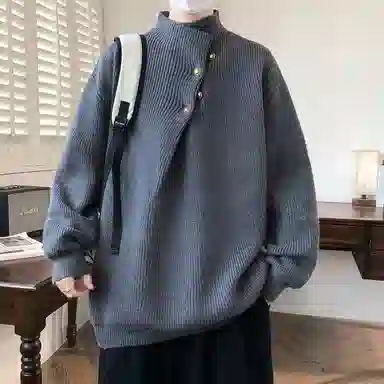 半空山 纯色简约不规则纽扣领口设计学院风潮流宽松软糯舒适亲肤透气百搭休闲日常通勤老钱高质感针织衫 男女同款