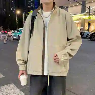 半空山 半空山美式复古高街纯色撞色立领免洗棉水洗猫眼拼接高级设计感潮流时尚百搭宽松舒适夹克 男女同款