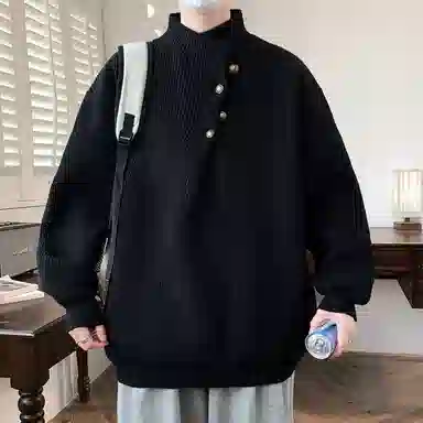 半空山 纯色简约不规则纽扣领口设计学院风潮流宽松软糯舒适亲肤透气百搭休闲日常通勤老钱高质感针织衫 男女同款