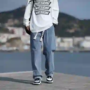 半空山 美式复古水洗做旧松紧腰品牌汉字系带刺绣舒适柔软透气高街通勤百搭直筒牛仔裤 男女同款
