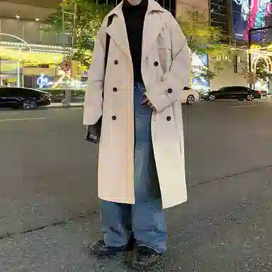 半空山 美式复古文艺风休闲时尚简约无性别主义长袖单排扣基础款气质风衣 男女同款