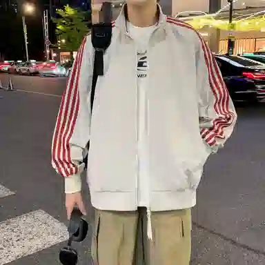 半空山 半空山美式复古高街学院风潮流撞色侧边条纹小米格立领防泼水时尚百搭宽松舒适简约夹克 男女同款
