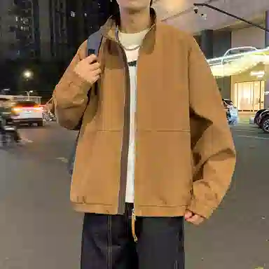 半空山 半空山美式复古高街纯色撞色立领免洗棉水洗猫眼拼接高级设计感潮流时尚百搭宽松舒适夹克 男女同款