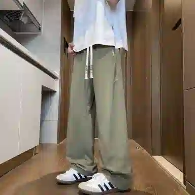 半空山 美式复古纯色简约基础款打孔设计轻薄舒适透气品牌汉字刺绣系带金属贴片百搭宽松直筒阔腿休闲裤 男女同款