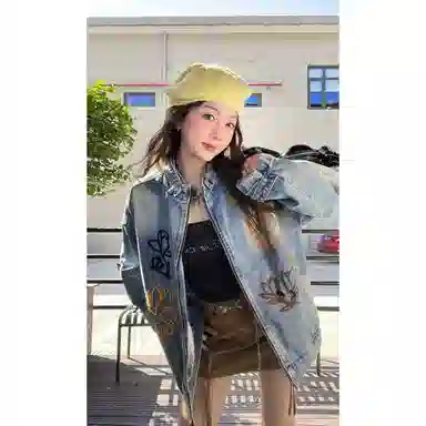 半空山 美式复古高街花卉贴布毛巾刺绣原宿风个性小众设计感潮流时尚百搭宽松舒适半高棒球领牛仔外套 男女同款