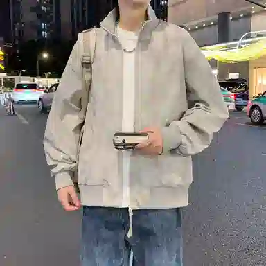 半空山 半空山美式复古高街纯色基础款扎染罗纹拉链双开潮流时尚百搭立领夹克 男女同款