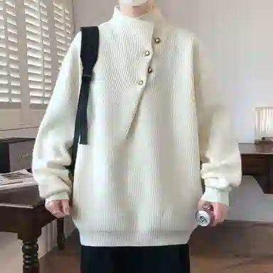 半空山 纯色简约不规则纽扣领口设计学院风潮流宽松软糯舒适亲肤透气百搭休闲日常通勤老钱高质感针织衫 男女同款