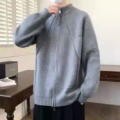 半空山 纯色简约基础款立体分割线设计感开衫外套宽松百搭柔软舒适亲肤不扎肉重磅高质感立领针织衫 男女同款