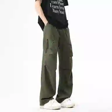 半空山 美式复古拼接褶皱设计拉链多口袋品牌文字刺绣系带纯色宽松阔腿工装休闲裤 男女同款