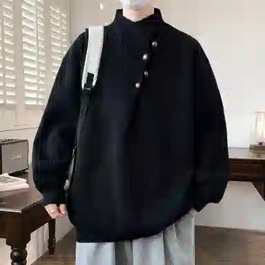 半空山 纯色简约不规则纽扣领口设计学院风潮流宽松软糯舒适亲肤透气百搭休闲日常通勤老钱高质感针织衫 男女同款