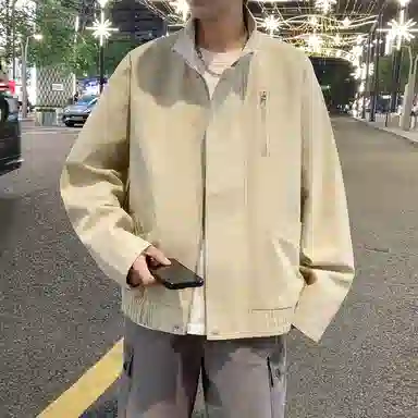 半空山 半空山美式复古高街纯色基础款纯棉拼接金属按扣潮流时尚百搭飞行员夹克 男女同款