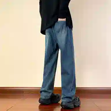 半空山 美式高街复古水洗做旧松紧腰品牌汉字系带刺绣系列宽松百搭舒适透气垂感直筒休闲牛仔裤 男女同款