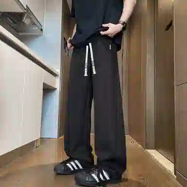 半空山 美式复古纯色简约基础款打孔设计轻薄舒适透气品牌汉字刺绣系带金属贴片百搭宽松直筒阔腿休闲裤 男女同款