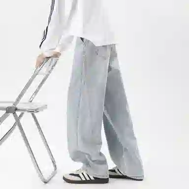 半空山 美式复古高街水洗做旧立体线条设计松紧腰宽松百搭阔腿弯刀柔软舒适高品质直筒牛仔裤 男女同款