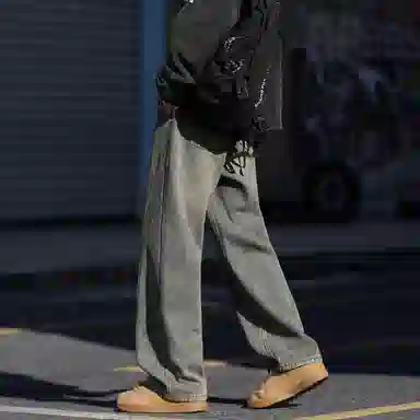 半空山 美式复古高街水洗做旧立体线条拼接设计松紧腰品牌汉字刺绣系带宽松直筒阔腿牛仔裤 男女同款