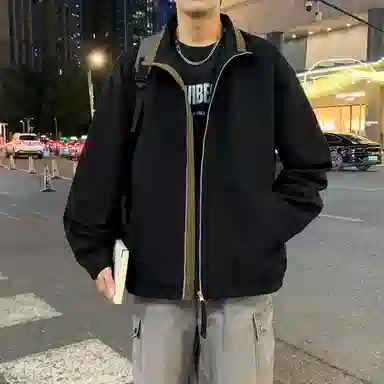 半空山 半空山美式复古高街纯色撞色立领免洗棉水洗猫眼拼接高级设计感潮流时尚百搭宽松舒适夹克 男女同款