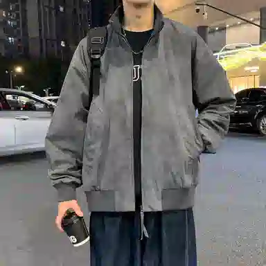 半空山 半空山美式复古高街纯色基础款扎染罗纹拉链双开潮流时尚百搭立领夹克 男女同款