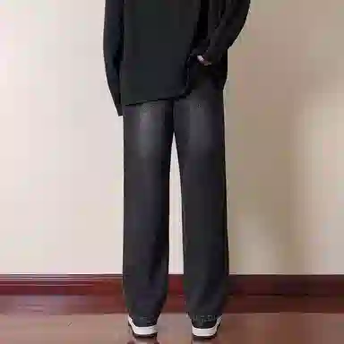 半空山 美式高街复古水洗做旧松紧腰纯色基础款学院风宽松百搭柔软舒适透气直筒牛仔裤 男女同款