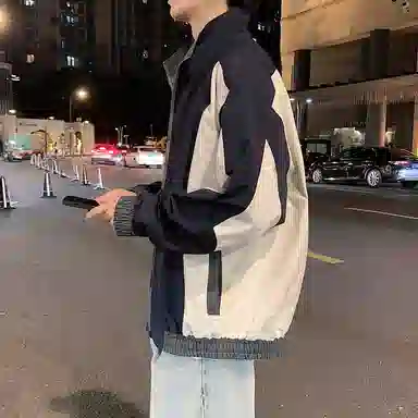 半空山 半空山美式复古高街拼接撞色高级设计感小米格面防泼水潮流时尚百搭立领夹克 男女同款