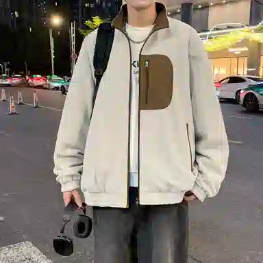 半空山 半空山美式复古高街撞色口袋双面穿小米格防泼水摇粒绒潮流立领夹克 男女同款